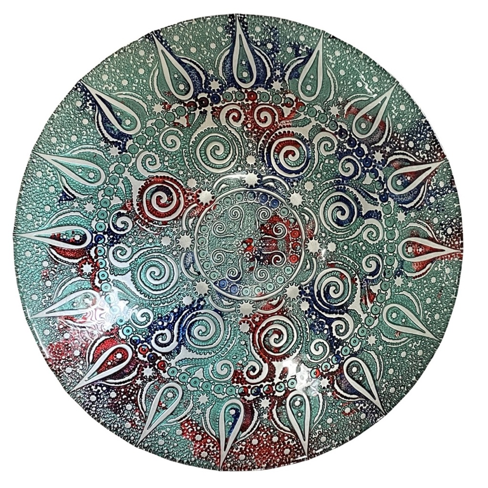 Turkish Topkapi Collection Large 12” Art Glass Bowl Reverse Enamel Teal Blue Red